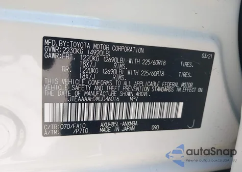 2021 Toyota Venza Le from USA, damaged, VIN JTEAAAAH2MJ046016